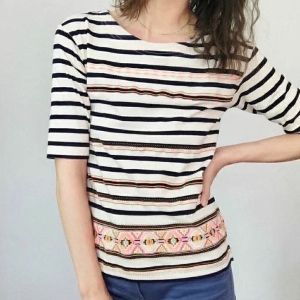 J Crew Top Womens XL Stitchwork Stripe Aztec Print Embroidered Boho 59784